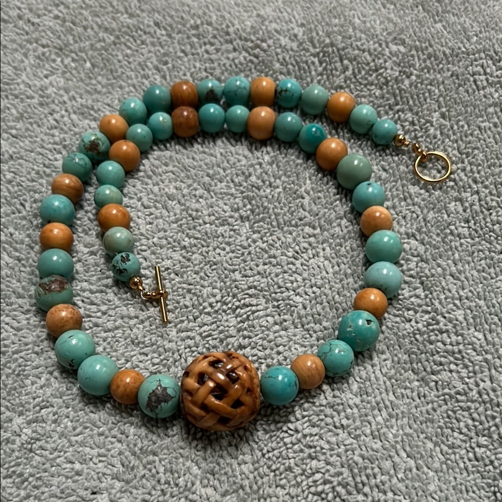 Blue and Brown Beaded Necklace with Carved Centerpiece